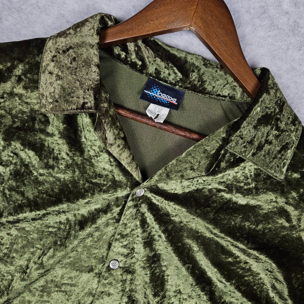 Hoax Mens Large Green Shirt Velour Crushed Velvet Velour Snap Retro Casino USA